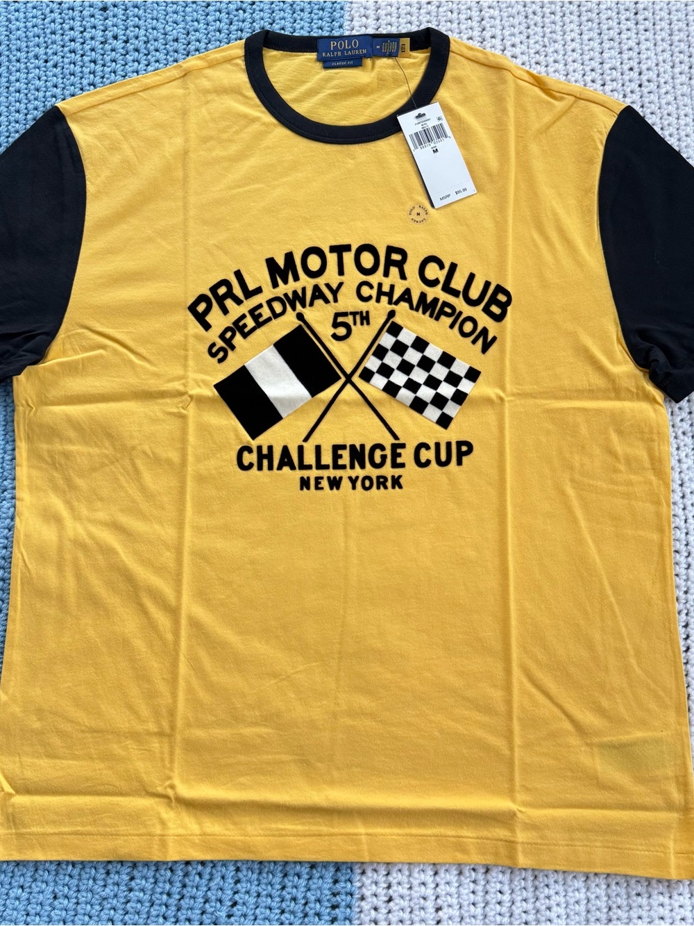 Polo Ralph Lauren Yellow Short Sleeve Tee with Black Sleeves and Racing Graphic